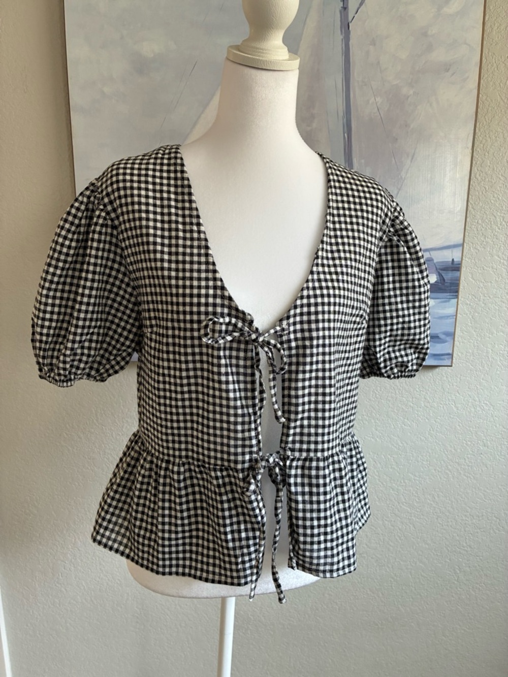 Live 4 Truth Black and White Gingham Tie-Front Peplum Blouse Size L